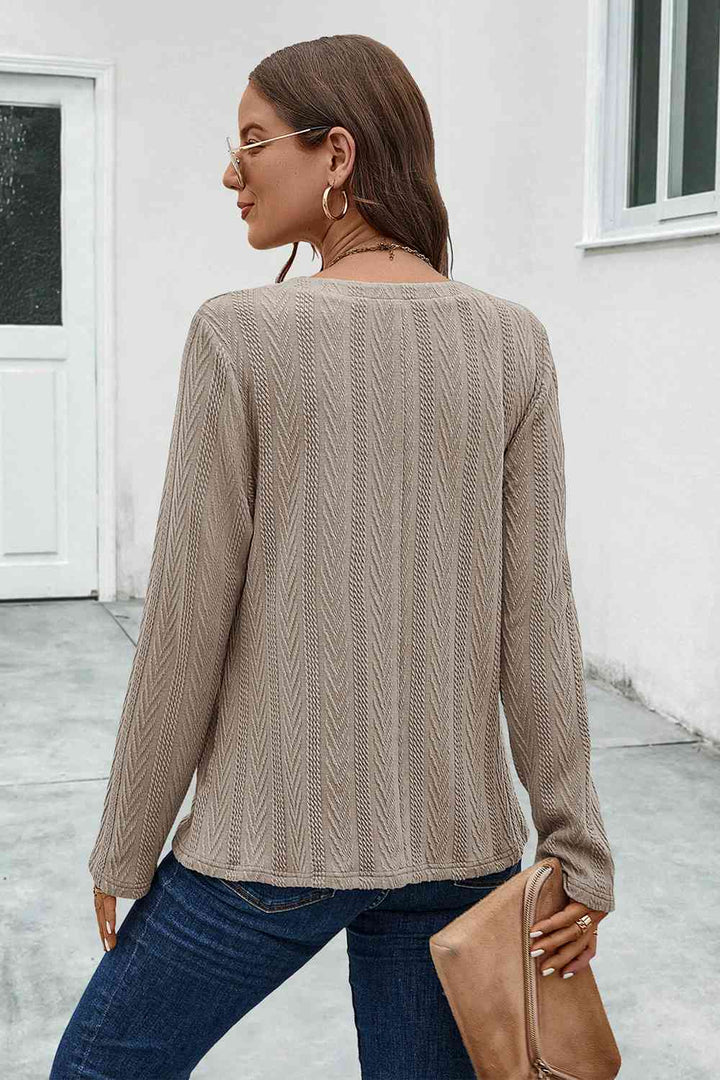 Buttoned Notched Neck Long Sleeve T-Shirt | 1mrk.com