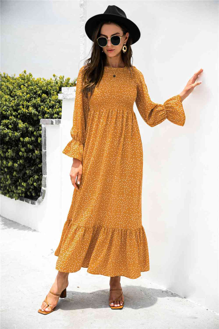 Printed Puff Sleeve Ruffle Maxi Dress |1mrk.com