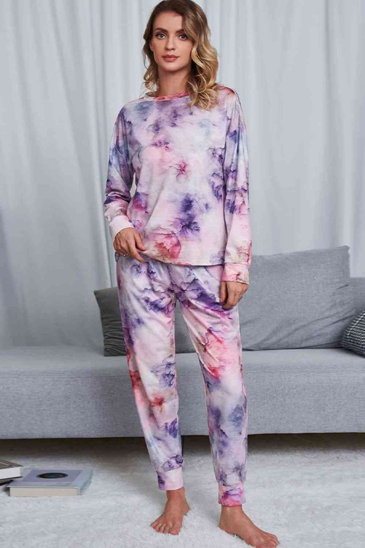 Tie-Dye Crewneck Top and Drawstring Waist Joggers Lounge Set | 1mrk.com