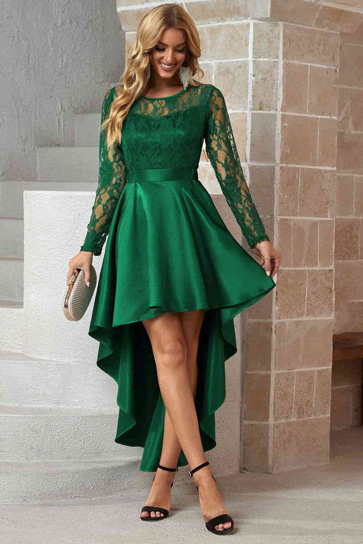 Spliced Lace High-Low Long Sleeve Dress |1mrk.com