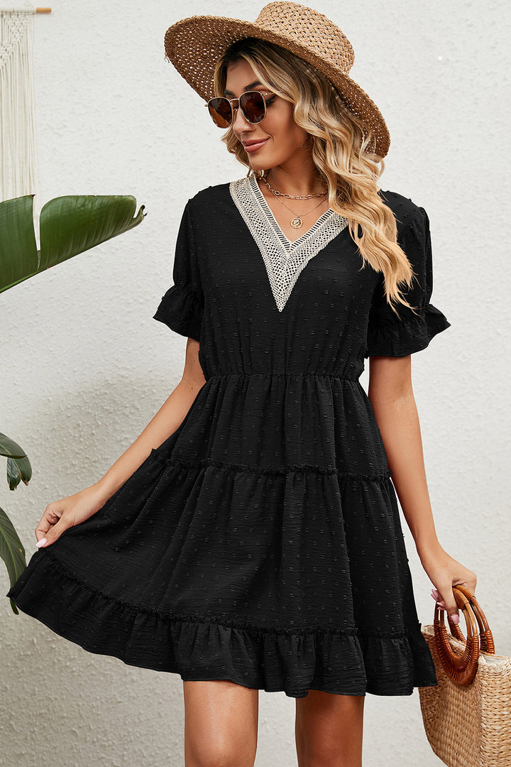 Swiss Dot V-Neck Flounce Sleeve Mini Dress | Trendsi