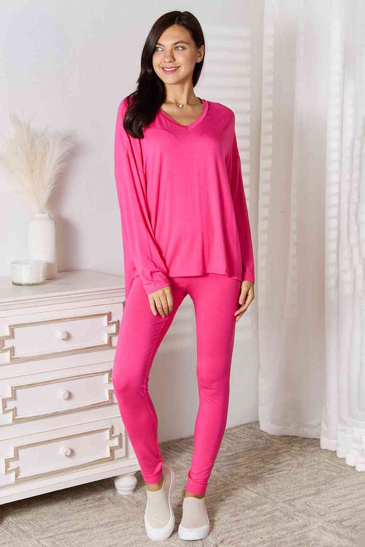 Basic Bae Full Size V-Neck Soft Rayon Long Sleeve Top and Pants Lounge Set | 1mrk.com