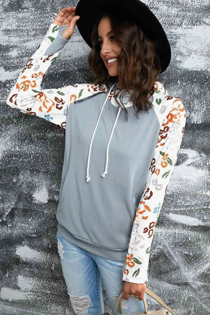 Printed Drawstring Detail Raglan Sleeve Hoodie | 1mrk.com