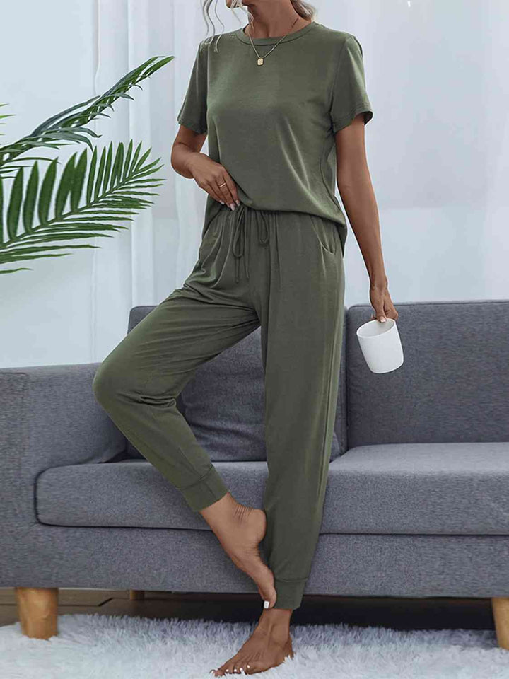 Round Neck Short Sleeve Top and Pants Set | 1mrk.com