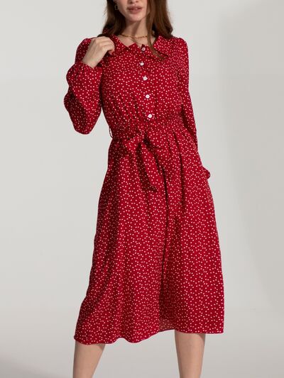 Tied Printed Button Up Balloon Sleeve Dress |1mrk.com