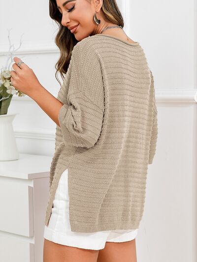 Rolled Round Neck Dropped Shoulder Slit Sweater |1mrk.com