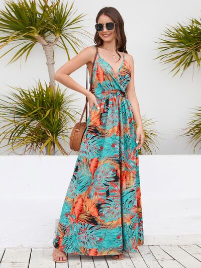 Printed Surplice Spaghetti Strap Dress |1mrk.com