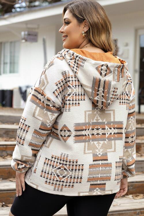 Plus Size Geometric Print Kangaroo Pockets Hoodie | 1mrk.com