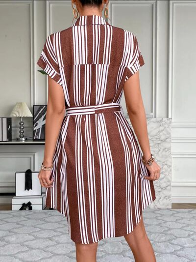 Striped Button Up Tie Waist Mini Dress |1mrk.com