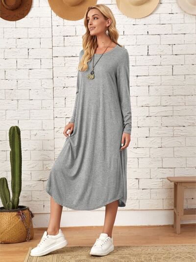 Pocketed Round Neck Long Sleeve Tee Dress | Trendsi