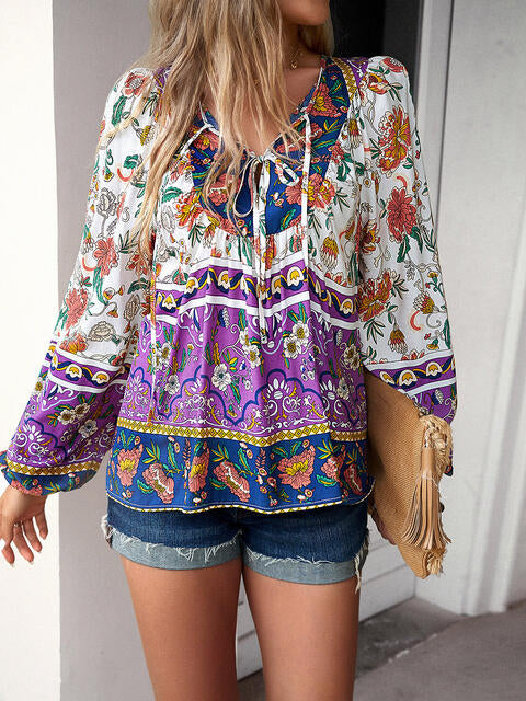 Floral Tie Neck Puff Sleeve Blouse | 1mrk.com