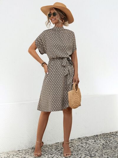 Tied Printed Mock Neck Short Sleeve Dress |1mrk.com