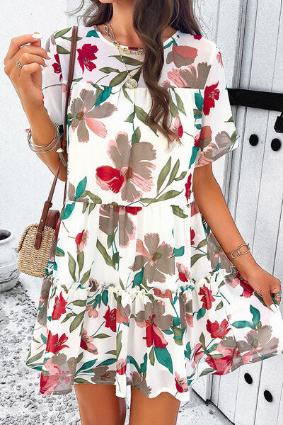 Printed Tiered Round Neck Mini Dress |1mrk.com