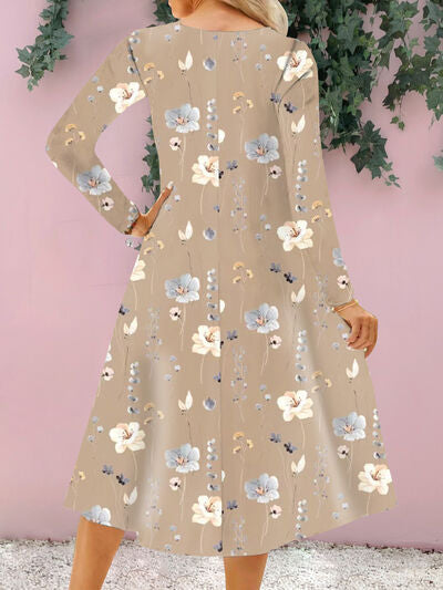 Floral Notched Long Sleeve Midi Dress |1mrk.com