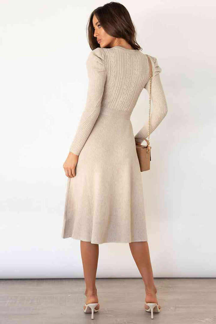 Round Neck Long Sleeve Tie Waist Sweater Dress | 1mrk.com