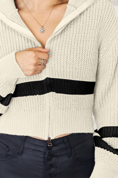 Striped Zip Up Dropped Shoulder Cardigan | Trendsi