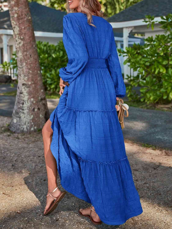 Smocked Waist V-Neck Maxi Dress |1mrk.com