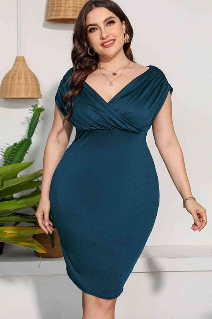 Plus Size Ruched V-Neck Dress | 1mrk.com