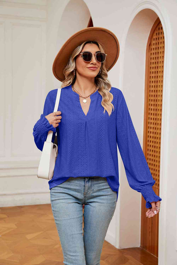 Notched Neck Flounce Sleeve Blouse | 1mrk.com