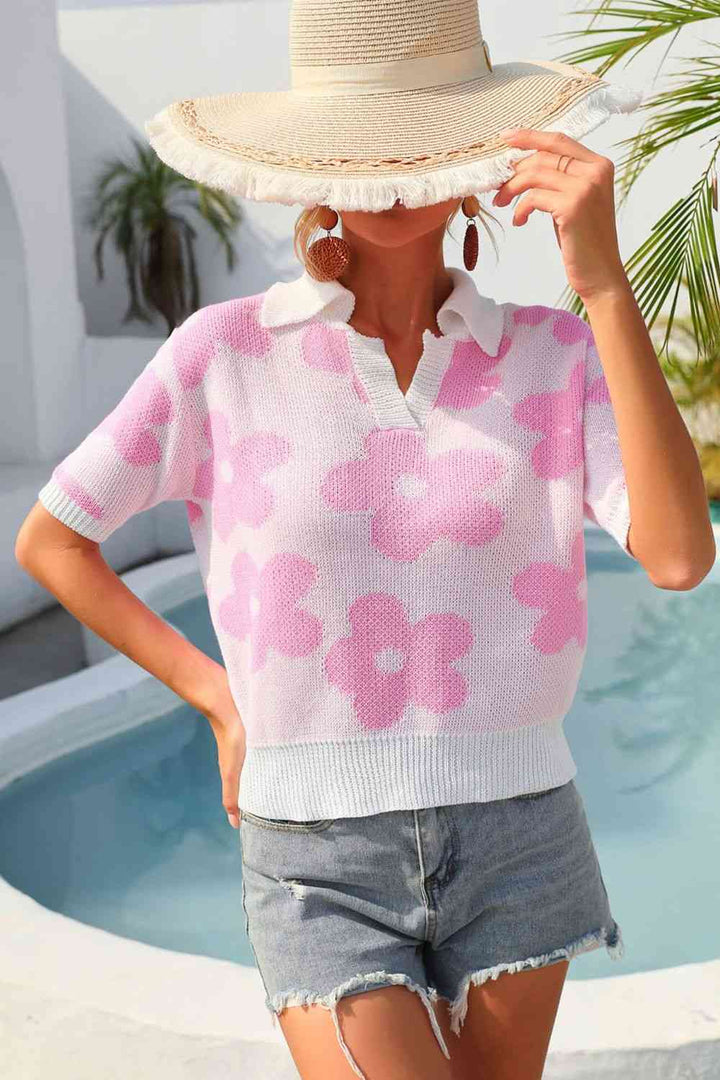 Floral Johnny Collar Half Sleeve Knit Top |1mrk.com