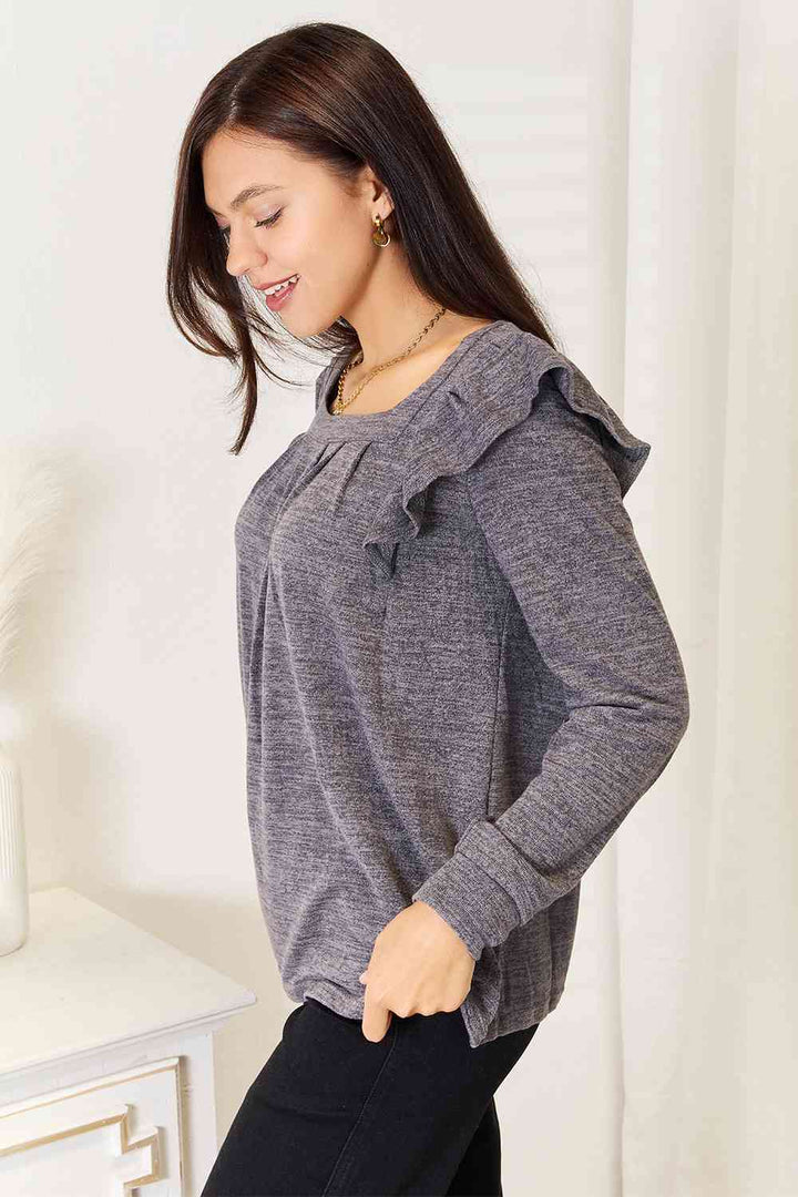 Double Take Square Neck Ruffle Shoulder Long Sleeve T-Shirt | 1mrk.com