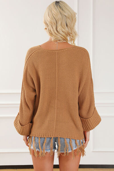 Fringe V-Neck Long Sleeve Sweater |1mrk.com