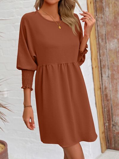 Round Neck Lantern Sleeve Mini Dress |1mrk.com