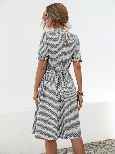 Printed Mock Neck Flounce Sleeve Dress |1mrk.com