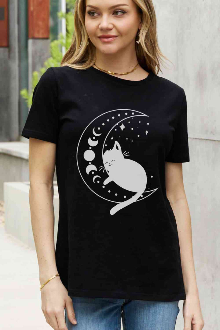 Simply Love Full Size Cat Moon Graphic Cotton Tee | 1mrk.com