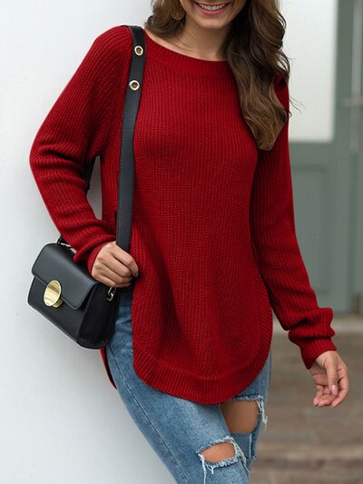 Slit Round Neck Long Sleeve Sweater |1mrk.com