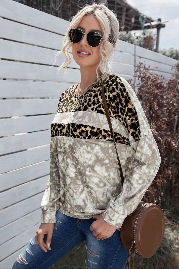 Tie-Dye Leopard Round Neck Sweatshirt |1mrk.com