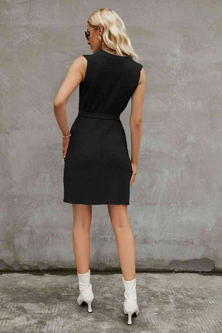 Round Neck Slit Sleeveless Sweater Dress | 1mrk.com