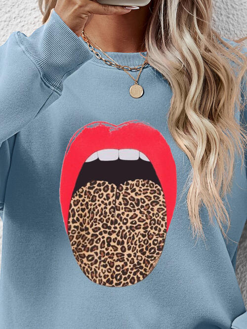 Leopard Lip Graphic Round Neck Sweatshirt |1mrk.com