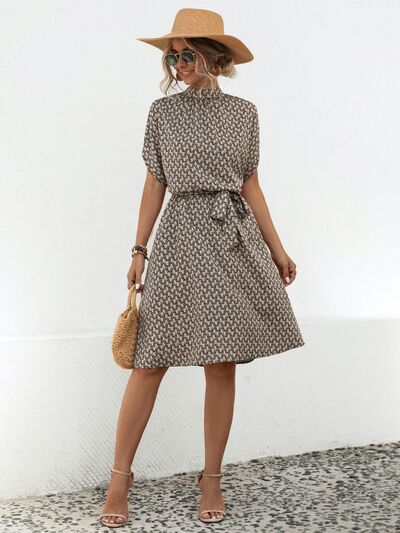 Tied Printed Mock Neck Short Sleeve Dress |1mrk.com