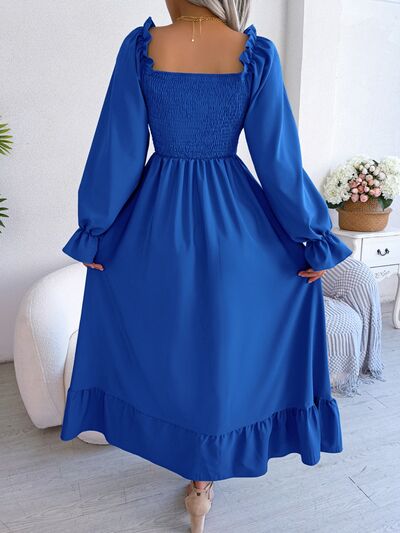 Smocked Square Neck Flounce Sleeve Dress |1mrk.com