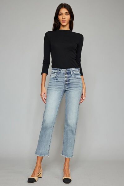 Kancan High Waist Button Fly Raw Hem Cropped Straight Jeans |1mrk.com