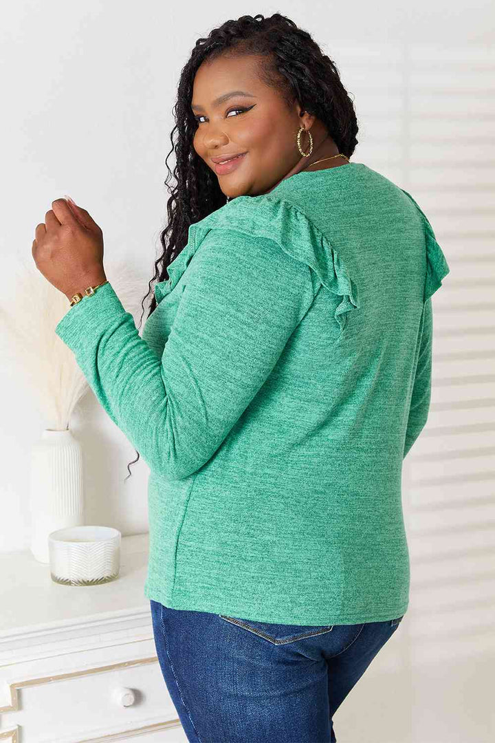 Double Take Ruffle Shoulder Long Sleeve T-Shirt | 1mrk.com