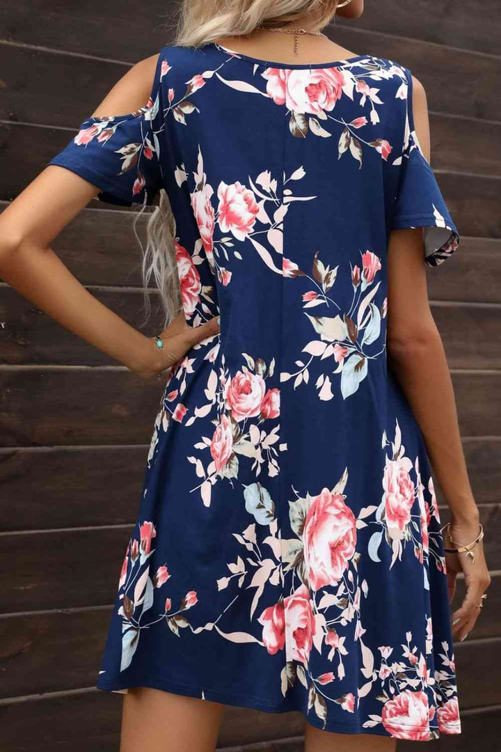 Floral Round Neck Cold-Shoulder Dress |1mrk.com