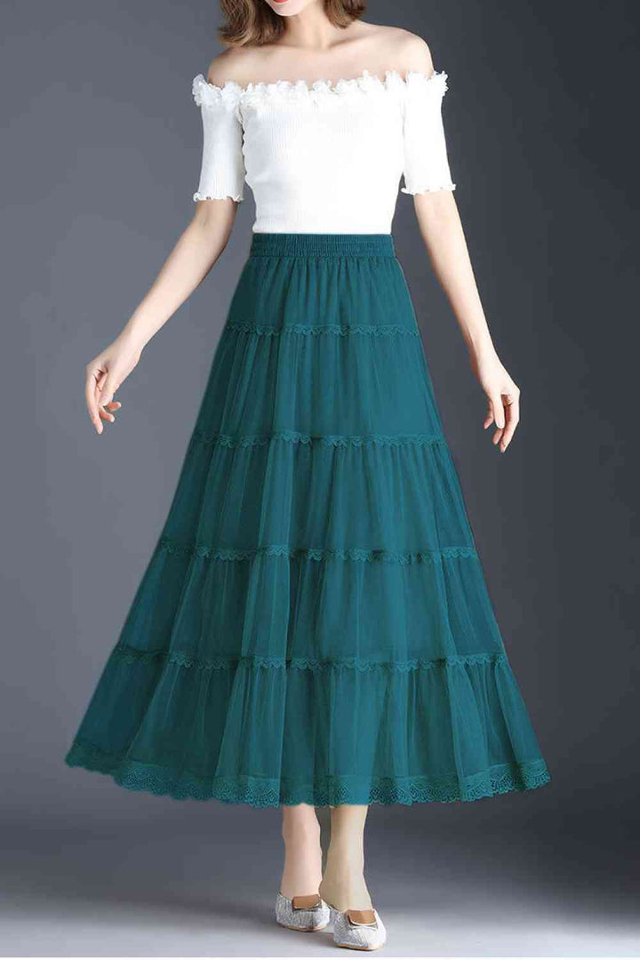 Smocked Lace Trim Midi Skirt |1mrk.com