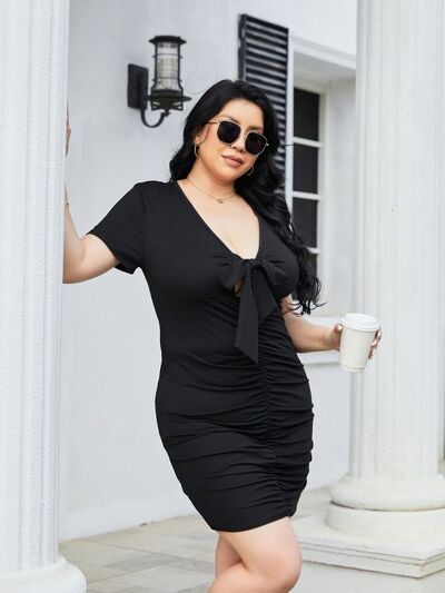 Plus Size Ruched Tied Short Sleeve Mini Dress |1mrk.com