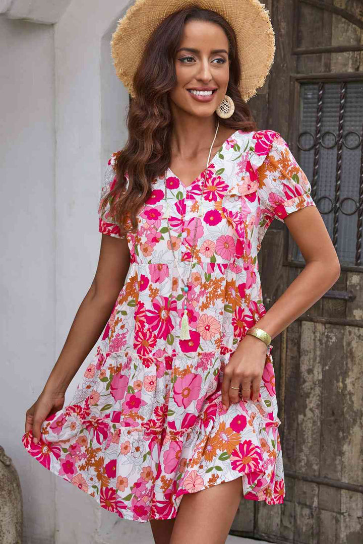 Floral V-Neck Short Sleeve Dress | 1mrk.com