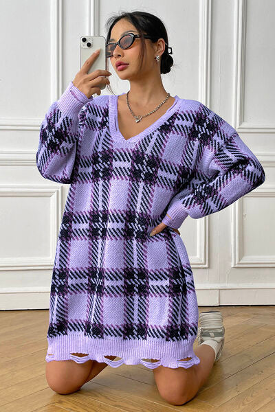 Plaid V-Neck Long Sleeve Sweater Dress | 1mrk.com