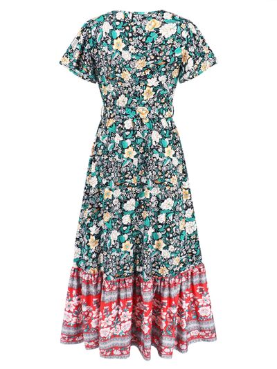 Tied Printed V-Neck Short Sleeve Dress | Trendsi