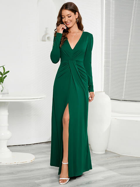 V-Neck Long Sleeve Split Dress | 1mrk.com
