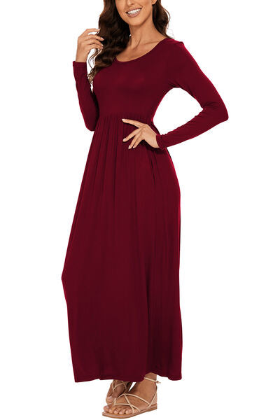 Round Neck Long Sleeve Pocketed Maxi Dress |1mrk.com