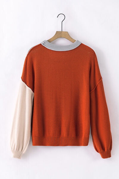 Contrast Round Neck Dropped Shoulder Sweater |1mrk.com