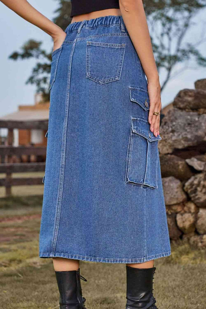 Slit Front Midi Denim Skirt with Pockets | 1mrk.com