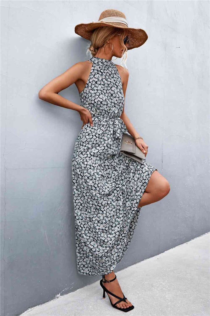 Printed Sleeveless Tie Waist Maxi Dress |1mrk.com