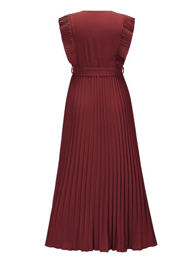 Tied Surplice Cap Sleeve Pleated Dress |1mrk.com