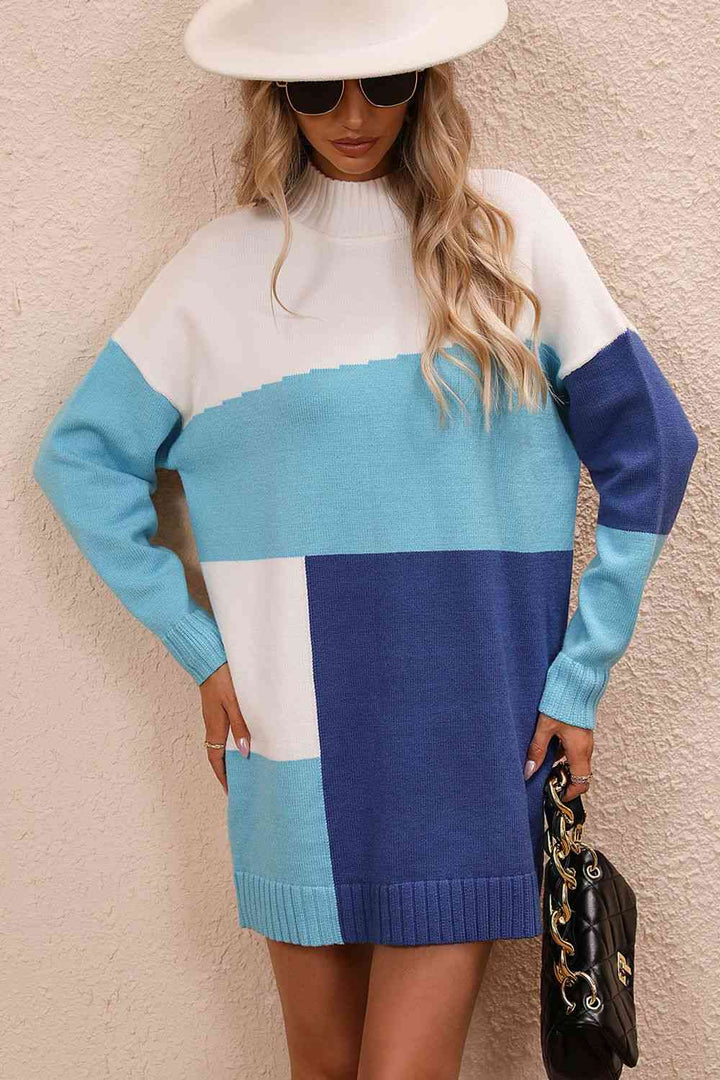 Color Block Mock Neck Dropped Shoulder Sweater Dress | 1mrk.com